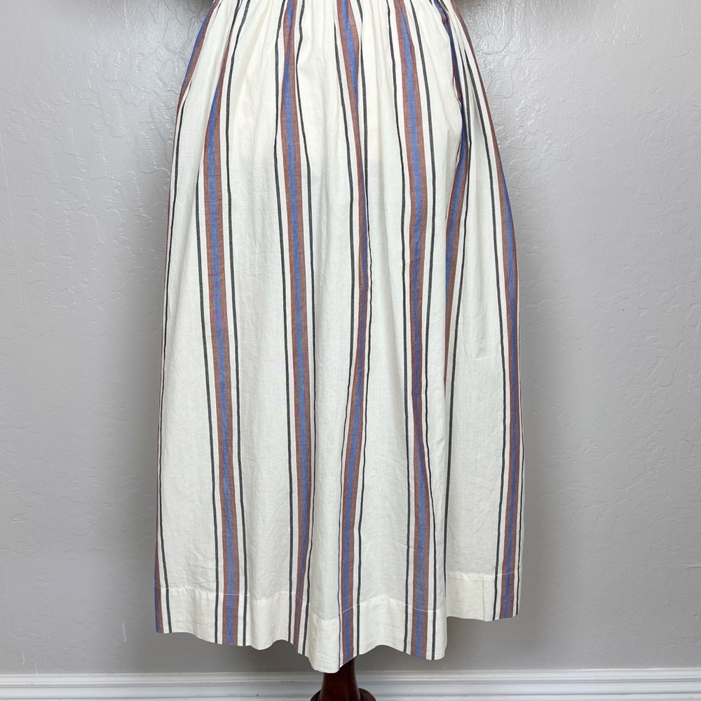 LOFT Beach Women’s Size S Ivory Blue Striped Smocked V-Neck Midi Dress Pockets - Picture 12 of 15